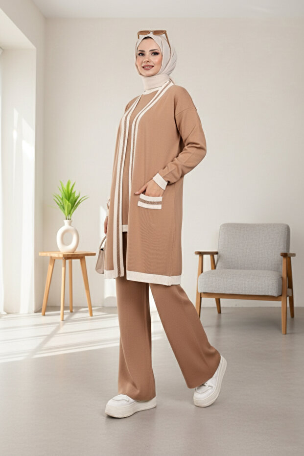 Cardigan Tunic Pants Three-Piece Knitwear Set - Camel