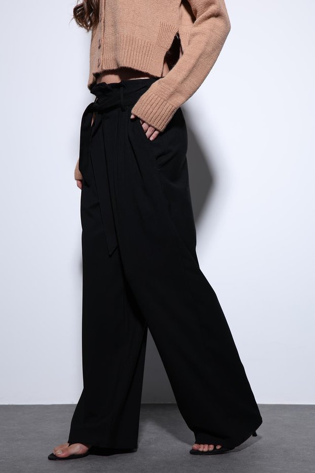 Black Belted Pleated Wide Leg Women's Trousers