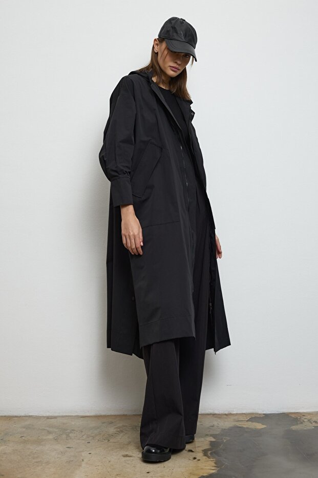 Kapüşonlu Oversize Yağmurluk Siyah - 5