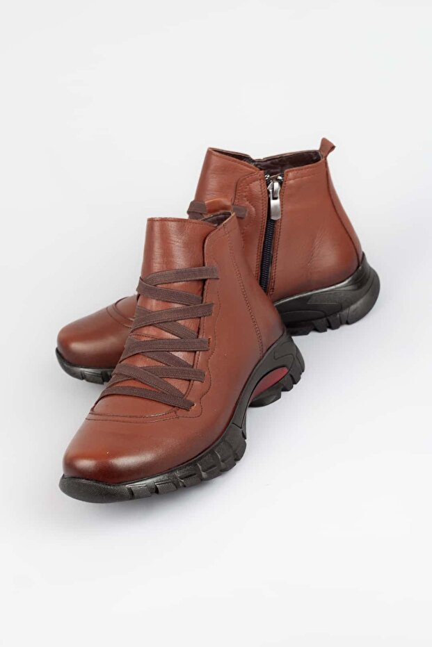 Kadın Hakiki Deri Elastik Bağcıklı ve Fermuarlı Taba Bot - 4