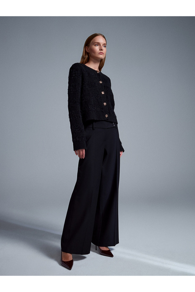 60990 Yün Karışımlı Düğmeli Triko Hırka-Siyah - 5