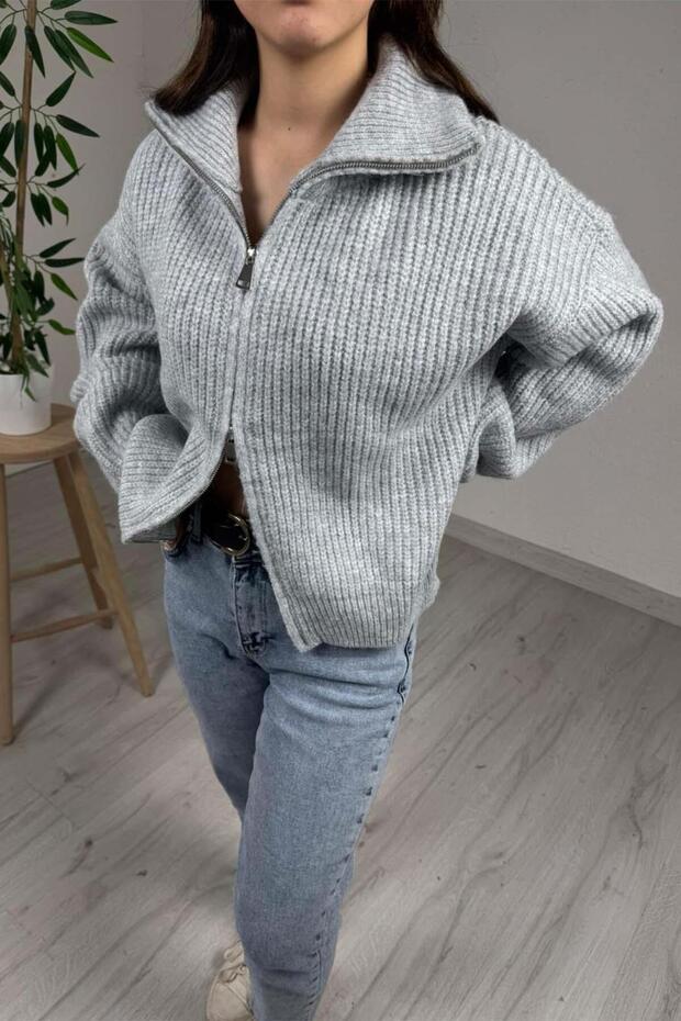 - Kadın Premium Gri Çift Fermuarlı Overisize Triko Kazak - 1