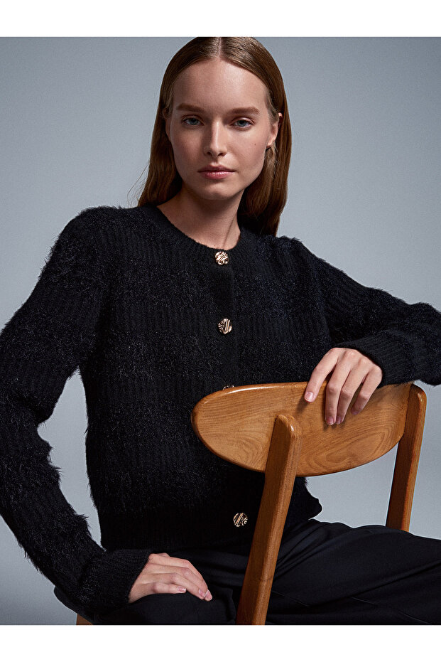 60990 Yün Karışımlı Düğmeli Triko Hırka-Siyah - 1