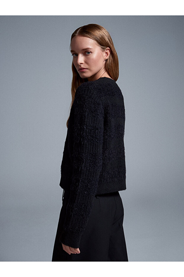 60990 Yün Karışımlı Düğmeli Triko Hırka-Siyah - 2