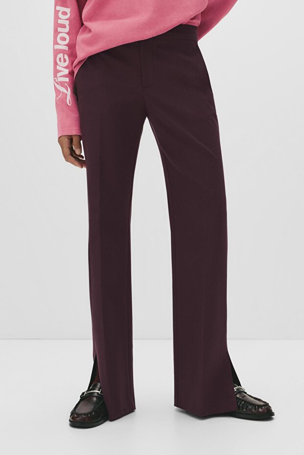 Bordo yırtmaçlı düz paça pantolon - 2