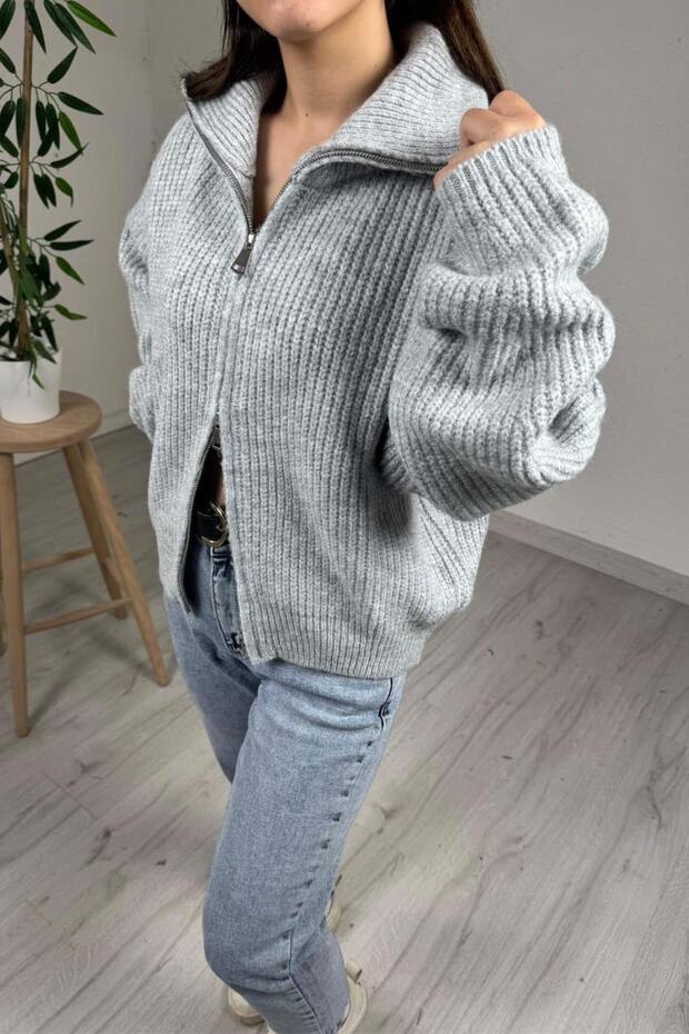 - Kadın Premium Gri Çift Fermuarlı Overisize Triko Kazak - 2