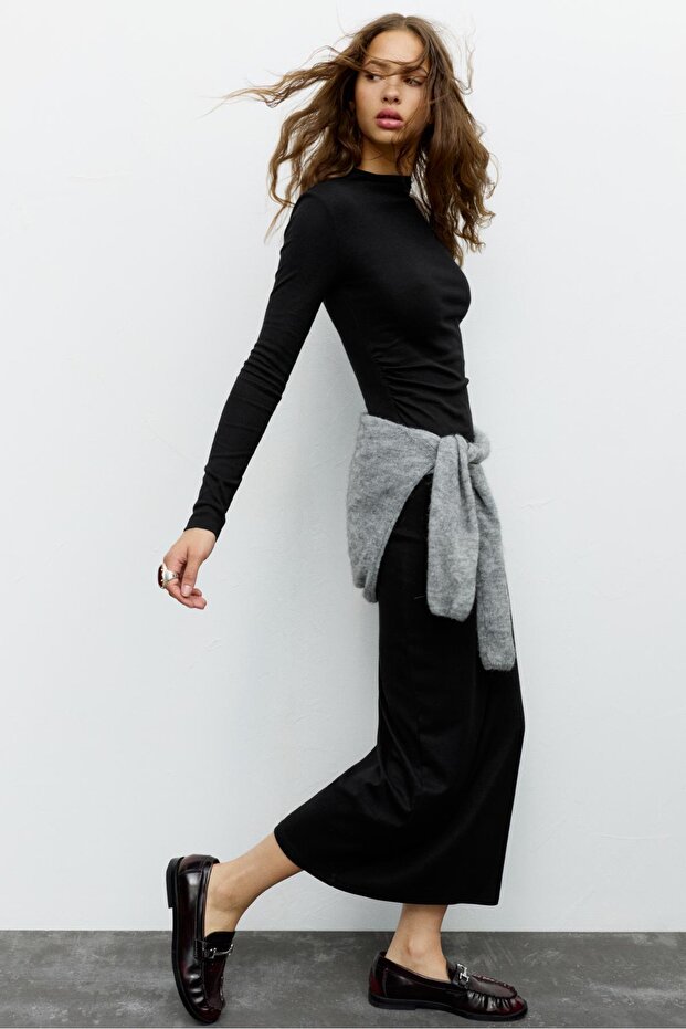 Büzgülü midi elbise - 1