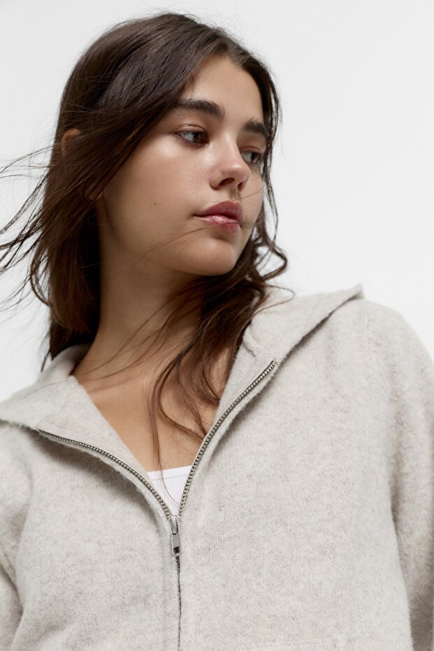Fermuarlı kapüşonlu örgü sweatshirt - 5