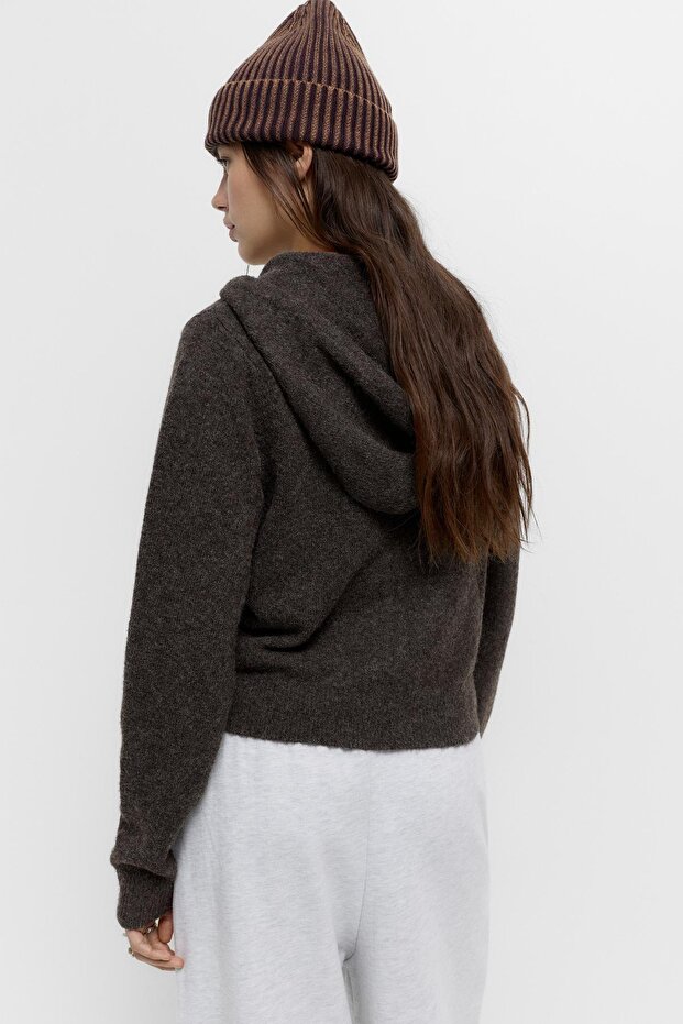 Fermuarlı kapüşonlu örgü sweatshirt - 5
