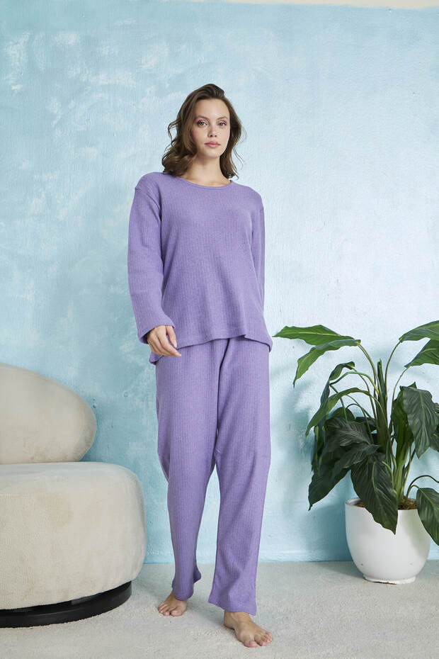 Pamuklu Kalın Fitilli Uzun Kollu Pijama Takımı - 4