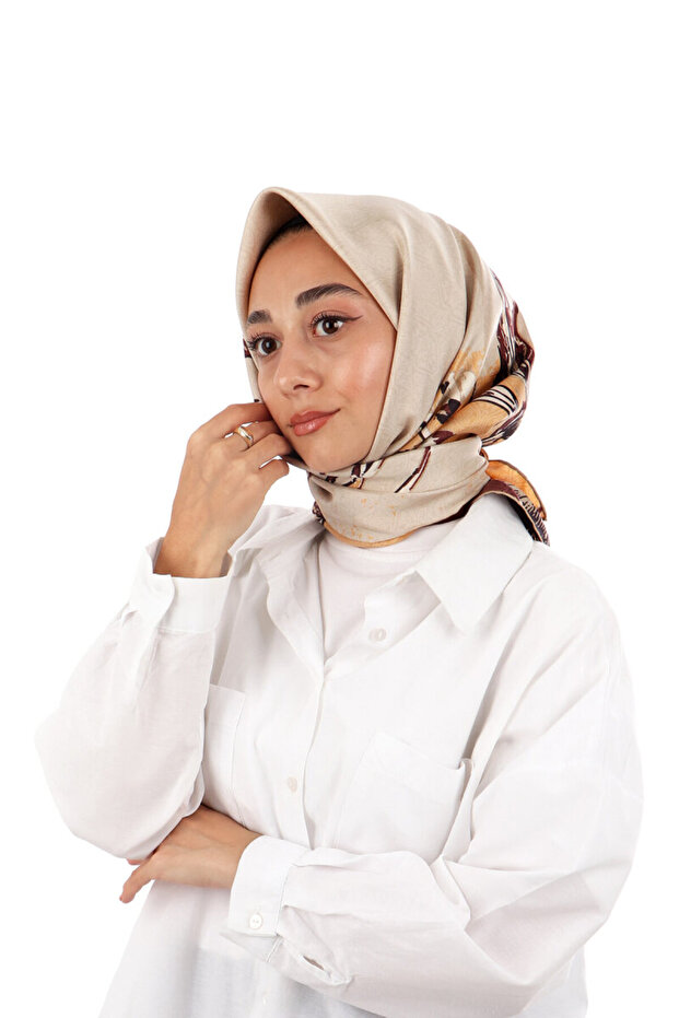 وشاح حريري بنمط ديريا بني اللون - 1
