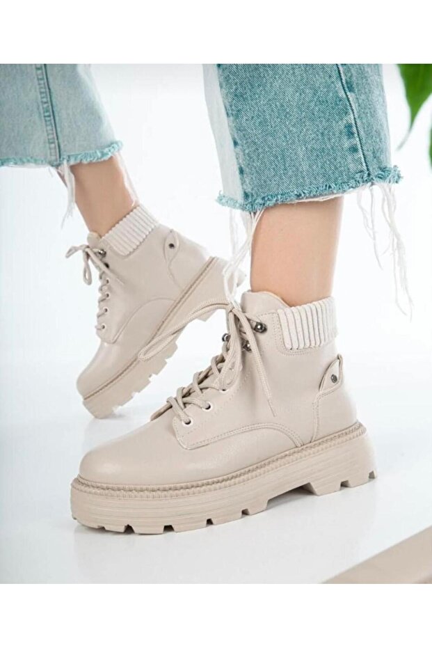 Kadın Bej Cilt Bağcıklı Su Geçirmez Yüksek Taban Kadın Bot - 1