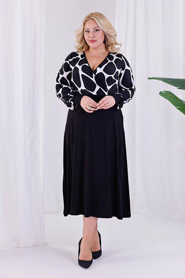Women's Black and White Stone Pattern Blocky Double Breasted Collar Balloon Sleeve Plus Size Stretchy Maxi Dress