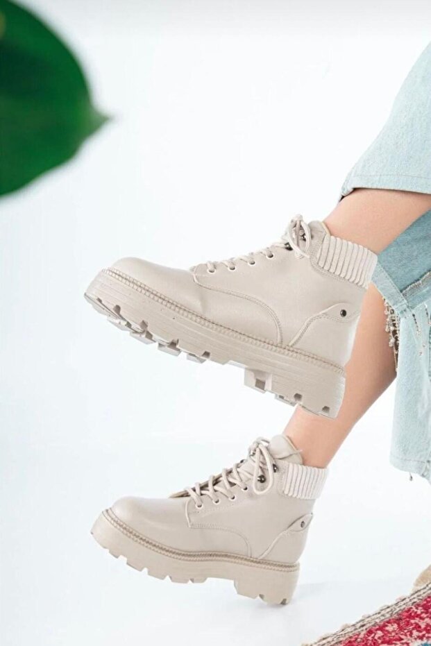 Kadın Bej Cilt Bağcıklı Su Geçirmez Yüksek Taban Kadın Bot - 4