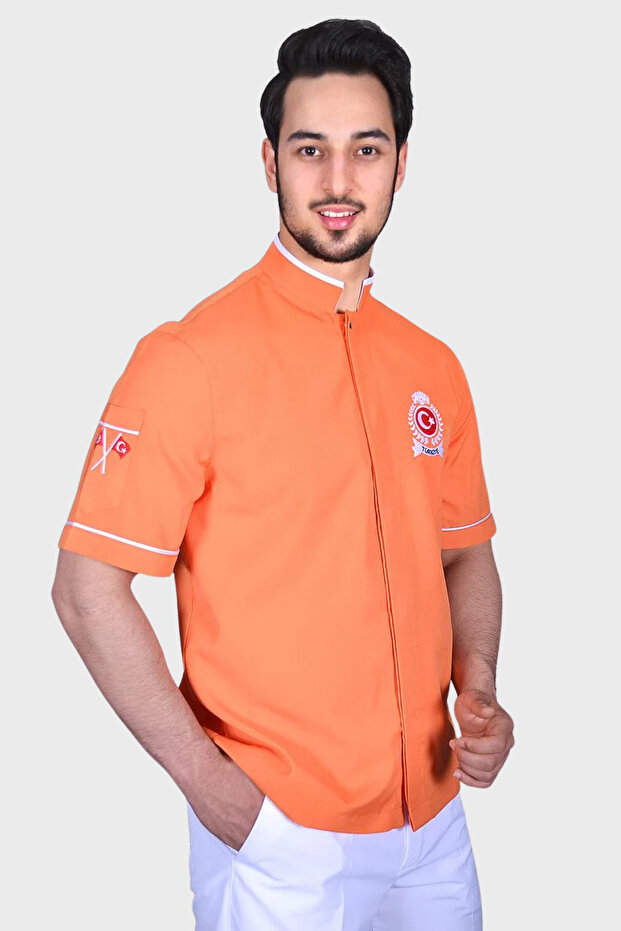Name Gifted Chef Jacket Short Sleeves Orange Chef Jacket with Turkish Flag and Turkey Embroidery on the Sleeves