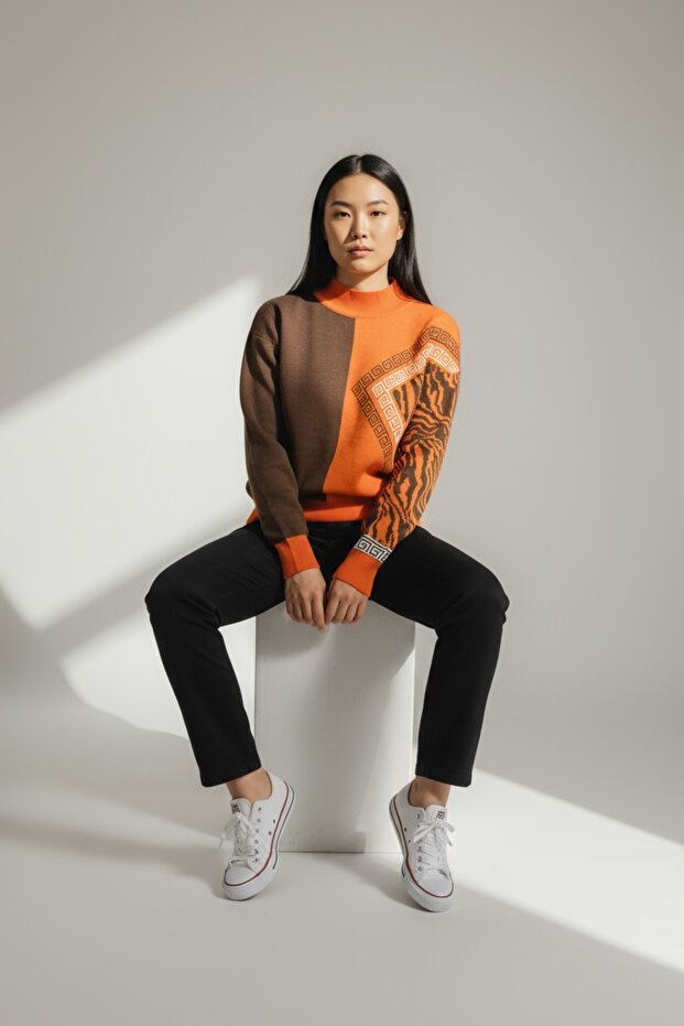 Half-Throated Patterned Knitwear Sweater – Stylish Model with Geometric and Zebra Pattern Combination - 5