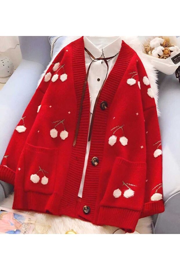 Kışlık kıfmızı örme çeket - 4