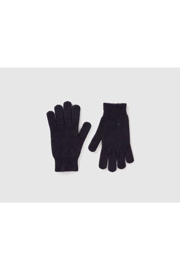 Children's Navy Blue Wool and Viscose Blend Gloves with Logo Embroidery