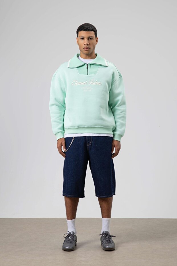 Oversize Fermuarlı Yaka Sweatshirt Mint - 5