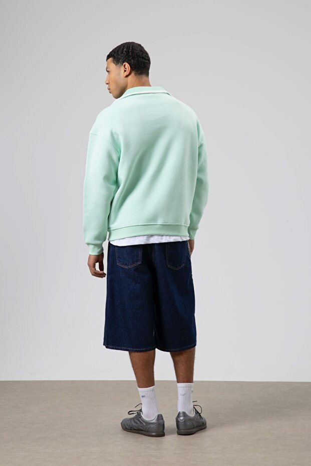 Oversize Fermuarlı Yaka Sweatshirt Mint - 4