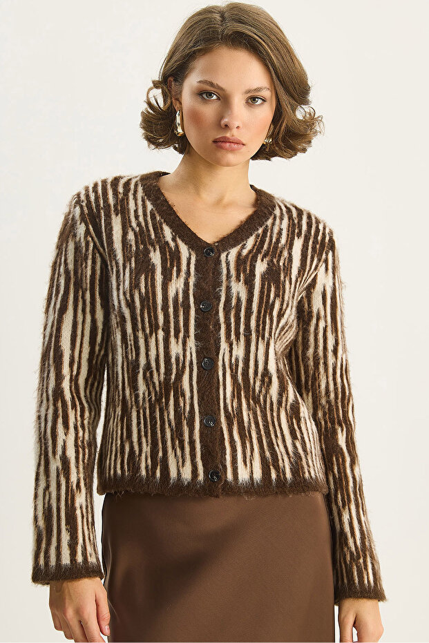 Women's Brown V-Neck Patterned Shawl Cardigan 9066 60283637