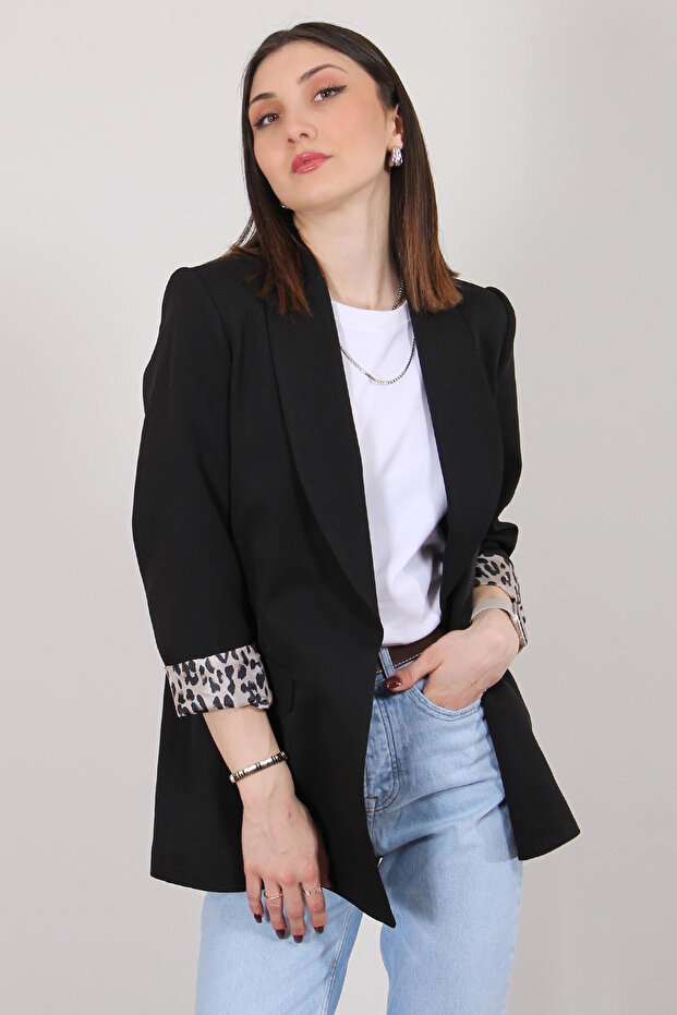 سترة بليزر مبطنة باللون الأسود بنقشة الفهد مقاس كبير متناسق - 4