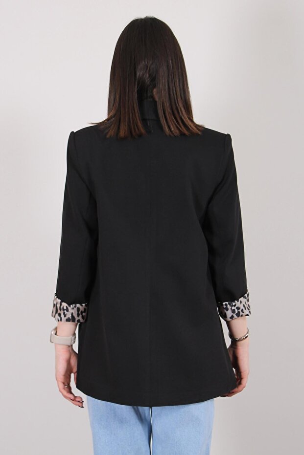 سترة بليزر مبطنة باللون الأسود بنقشة الفهد مقاس كبير متناسق - 6