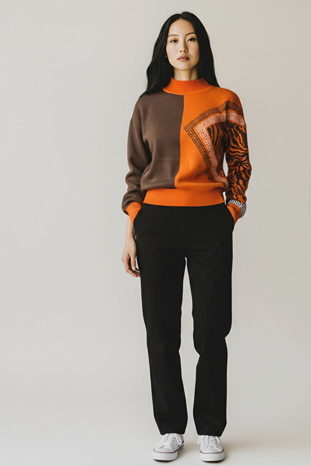 Half-Throated Patterned Knitwear Sweater – Stylish Model with Geometric and Zebra Pattern Combination - 4
