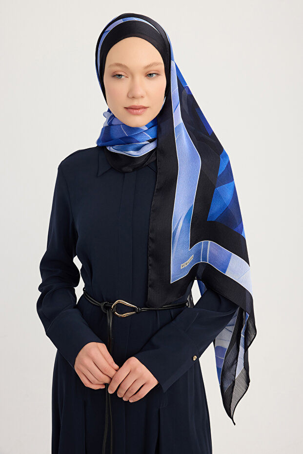 Celestial Tide - Navy Blue - Aurora Patterned Janjan Shawl - 70X190 cm