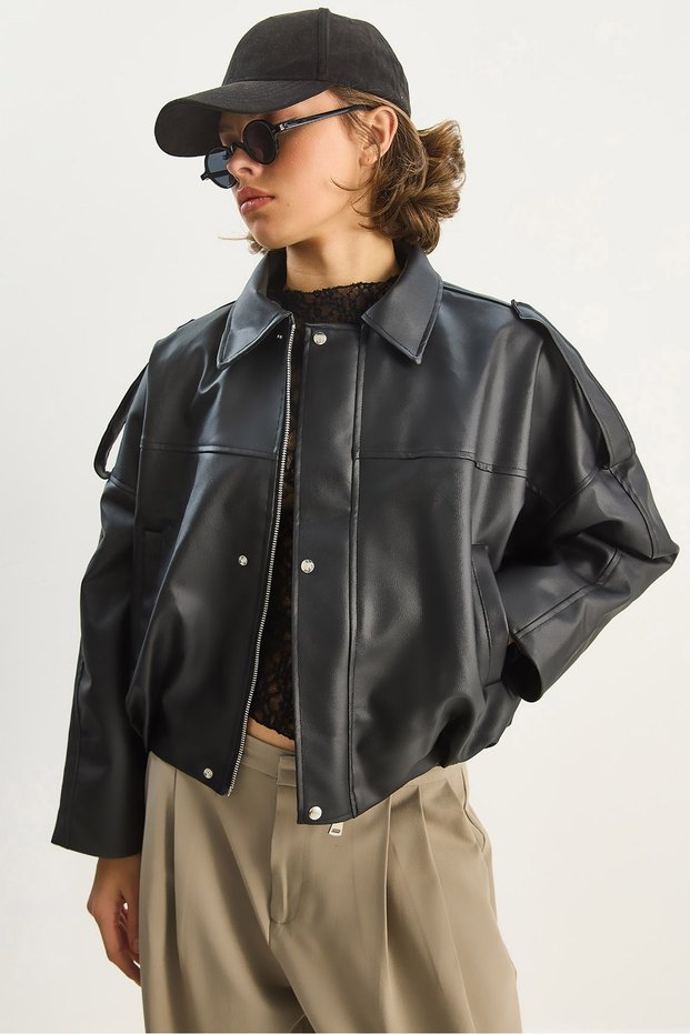 Women's Black Epaulet Detailed Oversize Faux Leather Bomber Jacket with Pockets 1055 60283650