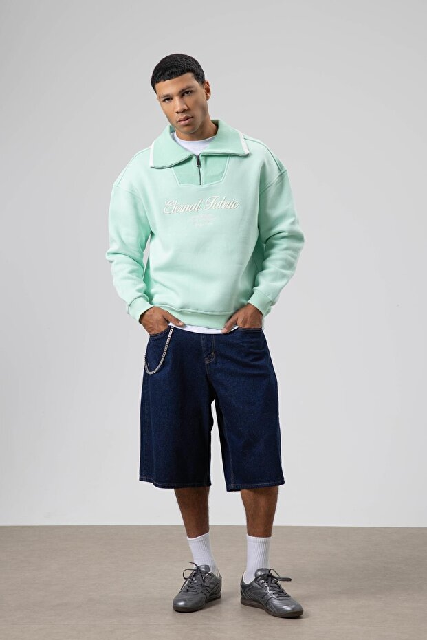 Oversize Fermuarlı Yaka Sweatshirt Mint - 1