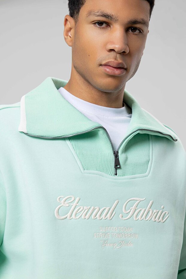 Oversize Fermuarlı Yaka Sweatshirt Mint - 3
