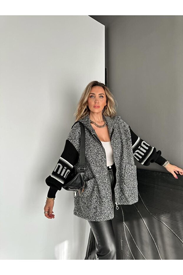 Anthracite Sleeves Knitwear Boucle Coat