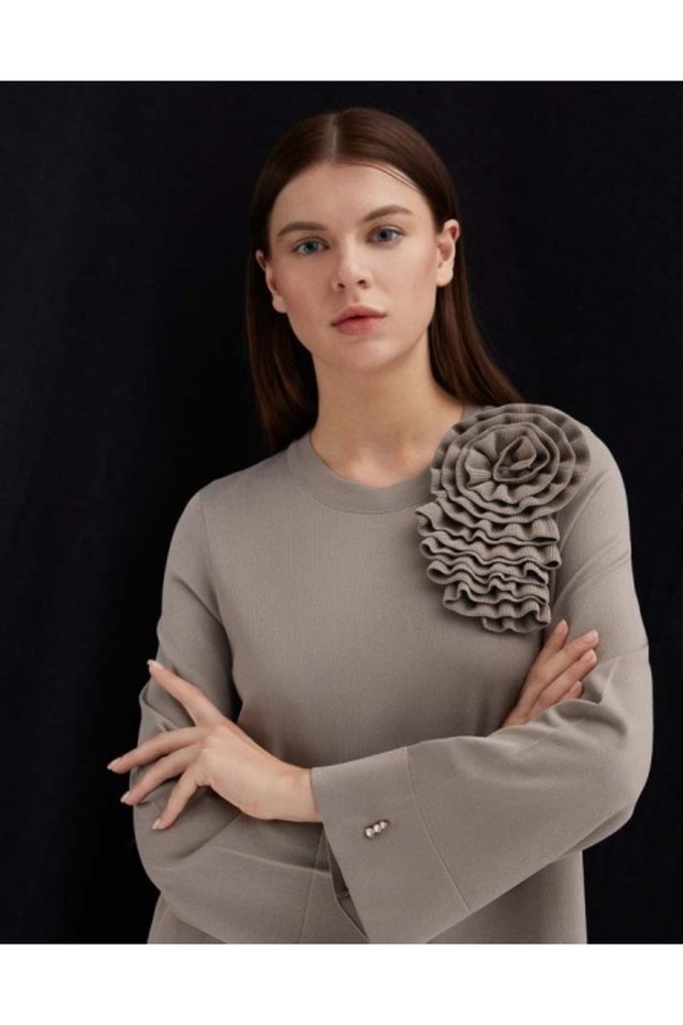 Düz Renk Basic Triko Vizon Elbise - 2