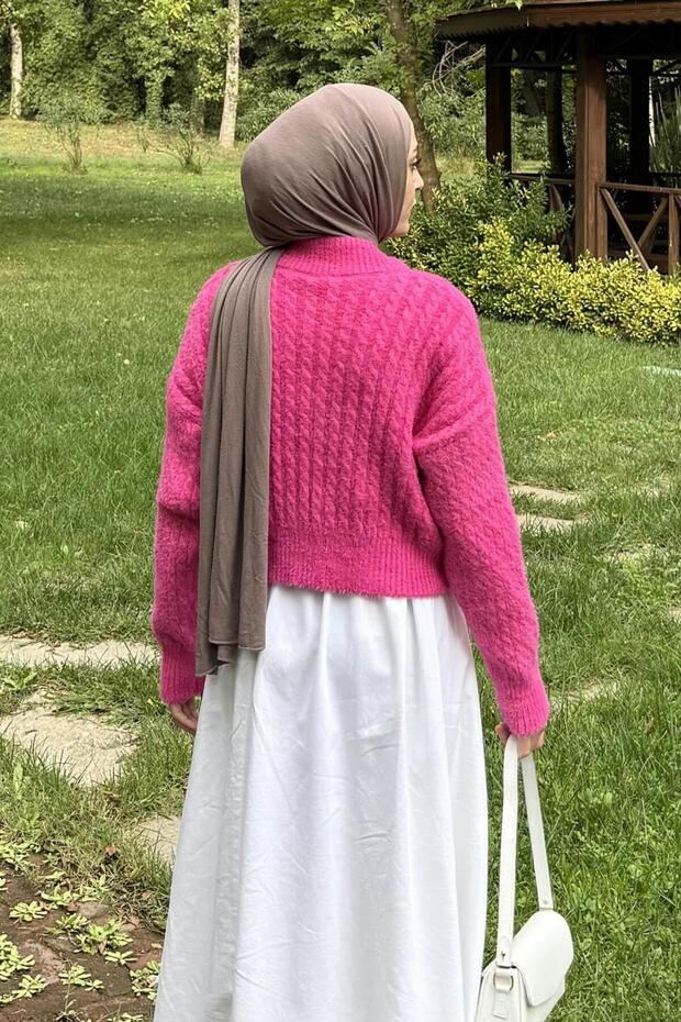 سترة محبوكة قصيرة محبوكة فوشيا - 4