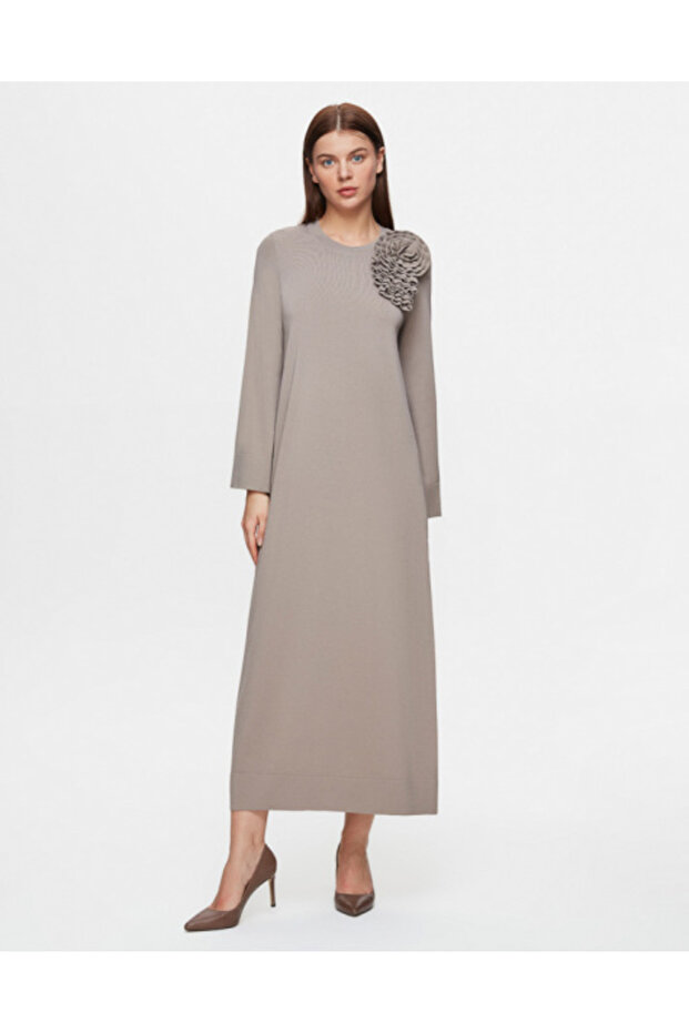 Düz Renk Basic Triko Vizon Elbise - 3