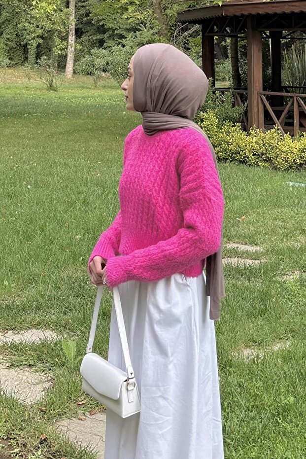 سترة محبوكة قصيرة محبوكة فوشيا - 2