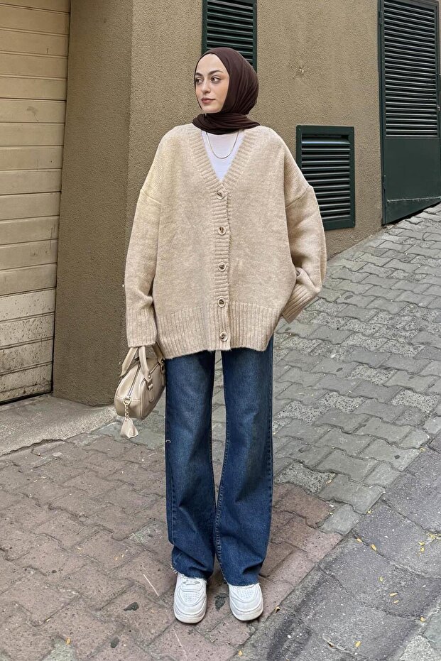 Salaş Dokulu Basic Hırka Bej - 1