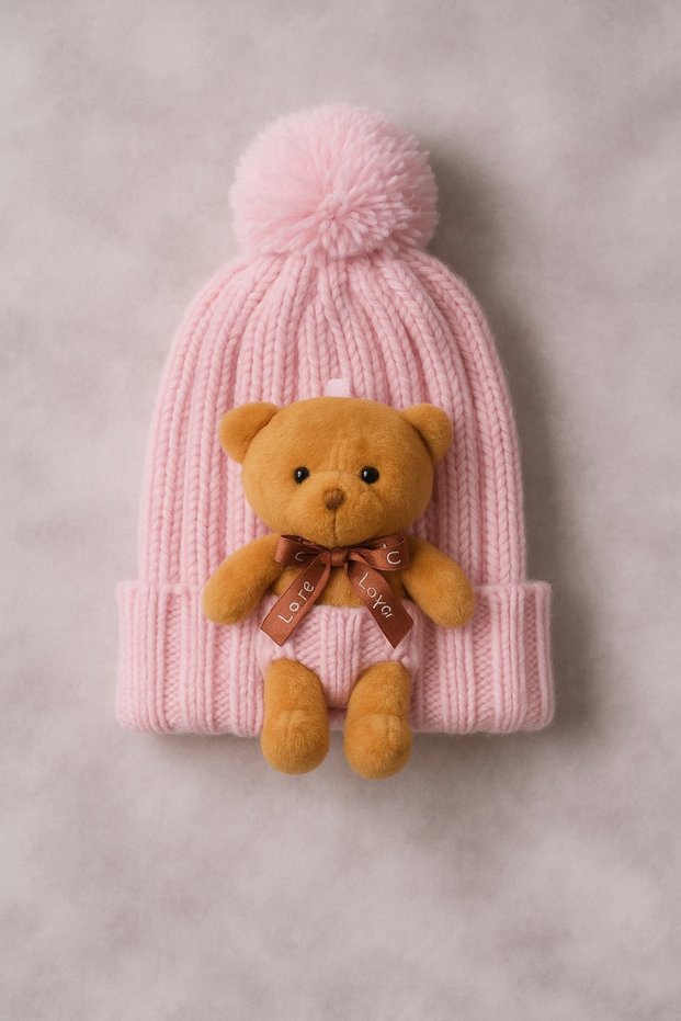 Children's Knitwear Beanie Winter Baby Beanie with Teddy Bear 1-3 Years Old