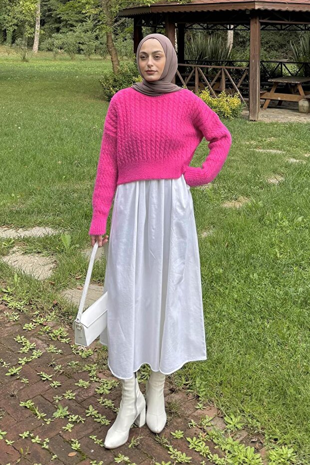 سترة محبوكة قصيرة محبوكة فوشيا - 1