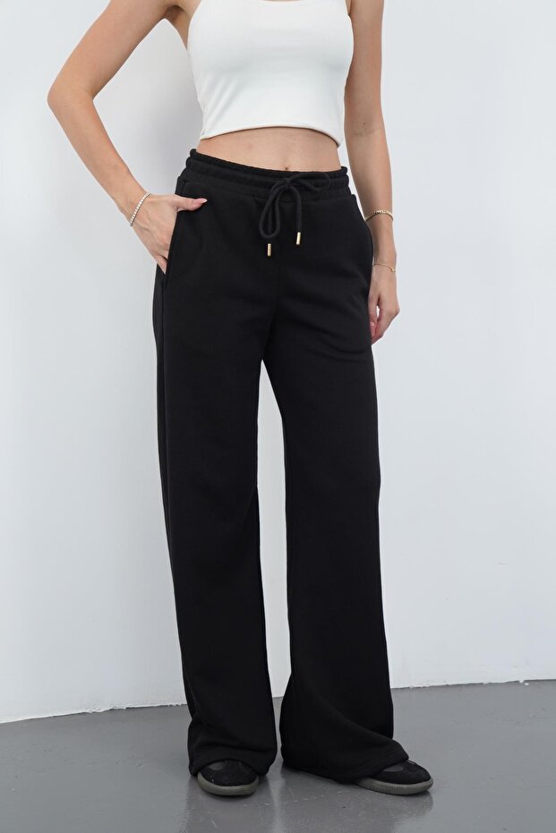 Zenara Women's 3 Thread Non-Brushed Cotton Wide Leg Black Sweatpants