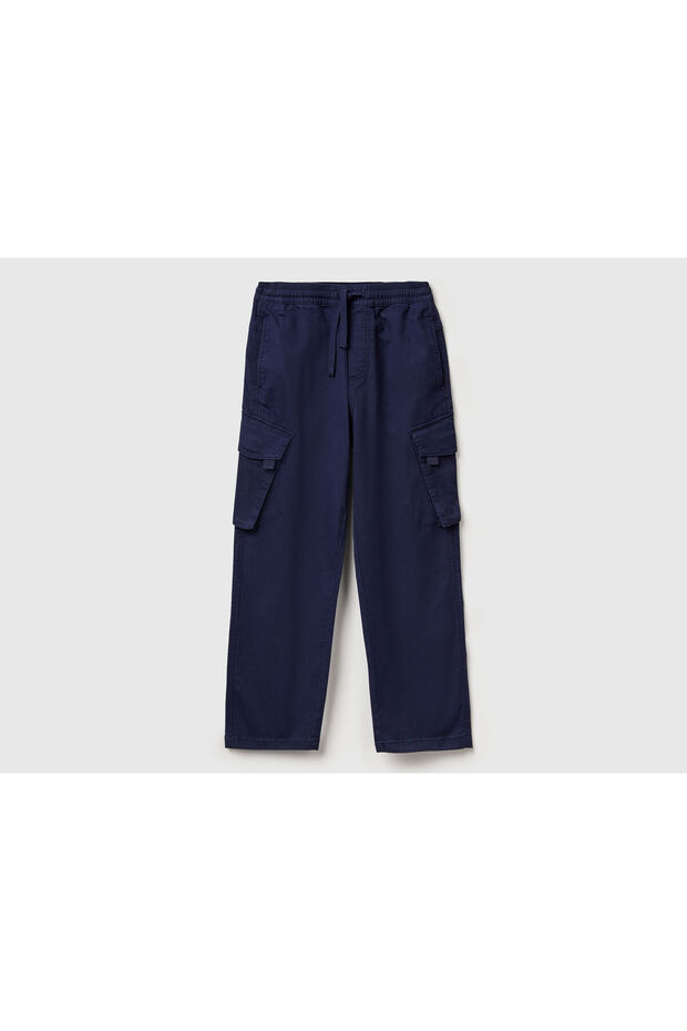 Boy's Navy Blue Logo Detailed Drawstring Stretch Gabardine Cargo Pants