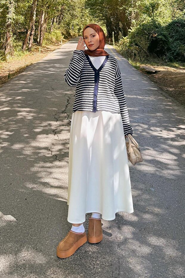 Fine Striped Knitwear Cardigan Navy Blue