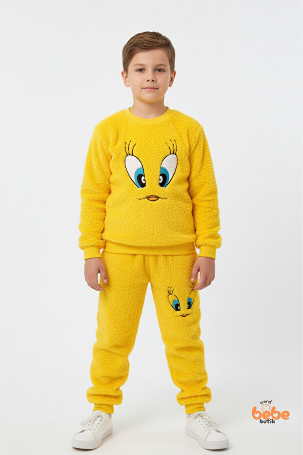 Sarı Tweety Nakışlı Welsoft Erkek Çocuk Eşofman Takımı – Peluş Sıcak Kumaş Pijama Takımı - 1