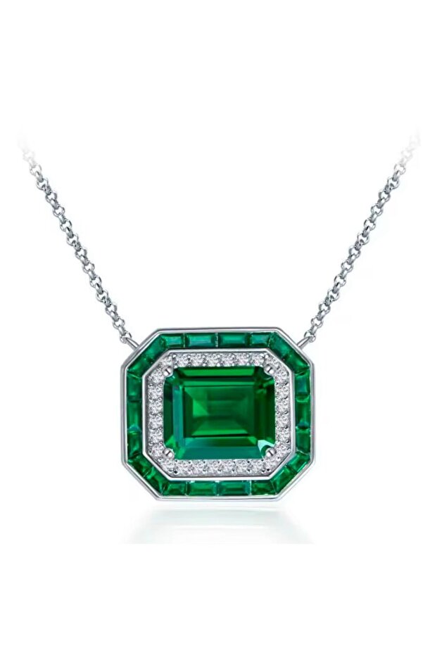 Silver Color Necklace with Green Stone Ps4106