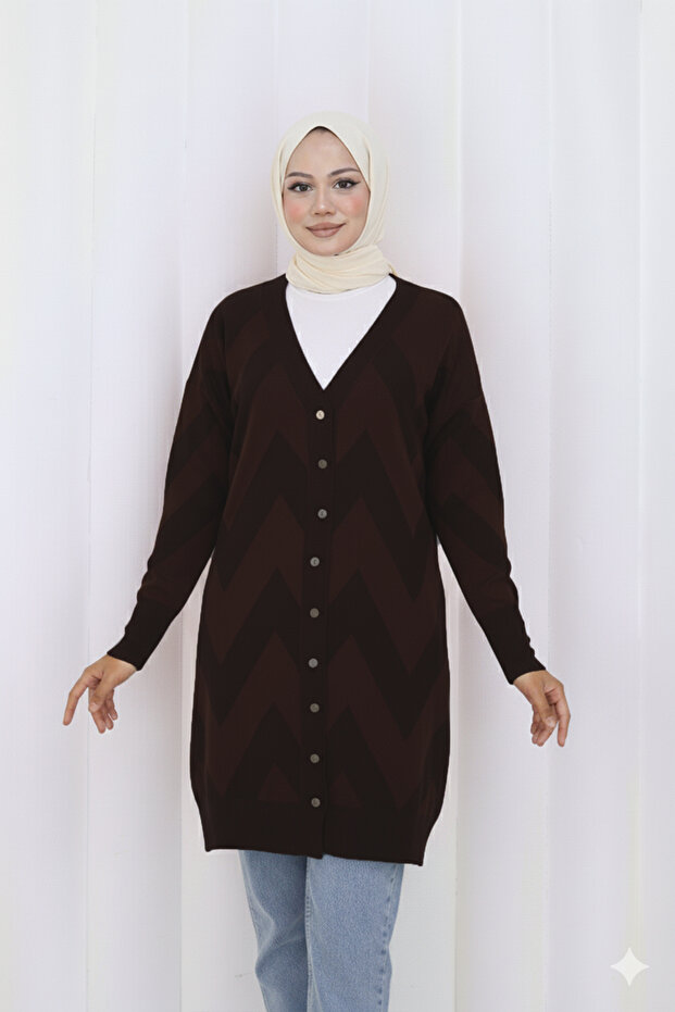 Patterned Long Mercerized Cardigan N3193 Brown