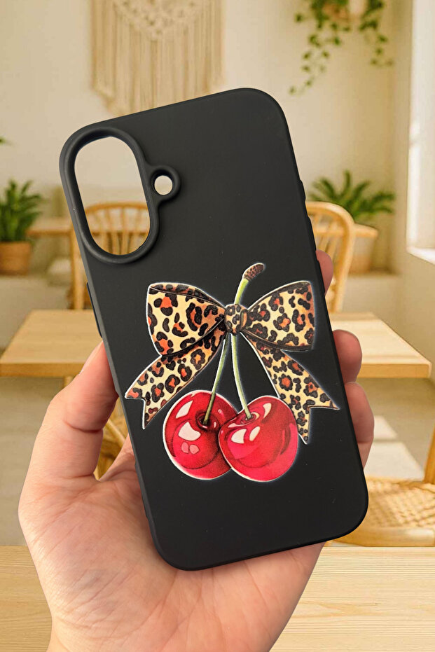 iPhone 16 Compatible Cherry Leopard Bow Patterned Silicone Shock-Absorbing Classic Protective Rubber Case