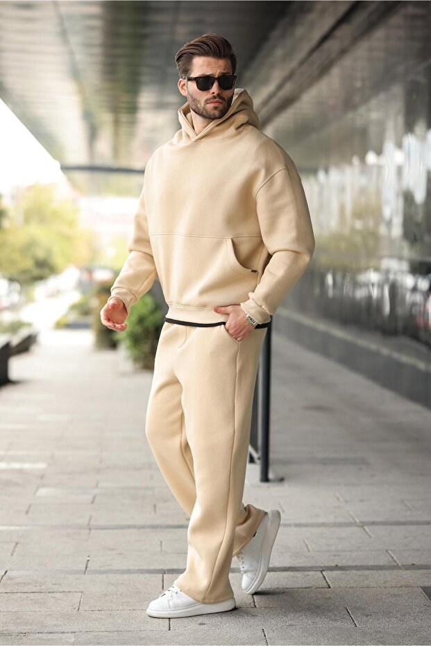 Bej Kapüşonlu Kanguru Cep Erkek Eşofman Takımı E7338 - 1