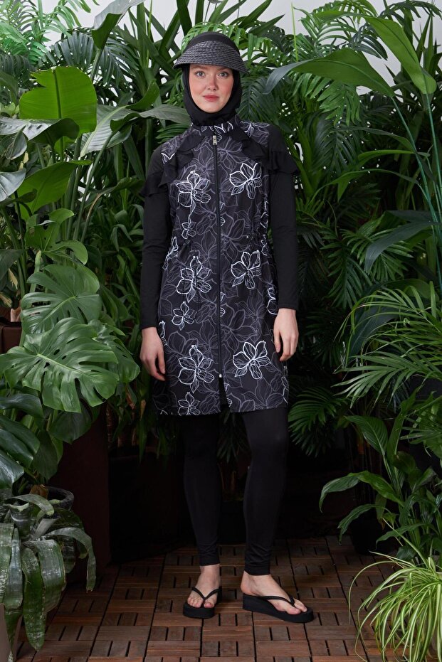 Desenli Tesettür Mayo - Siyah - 1