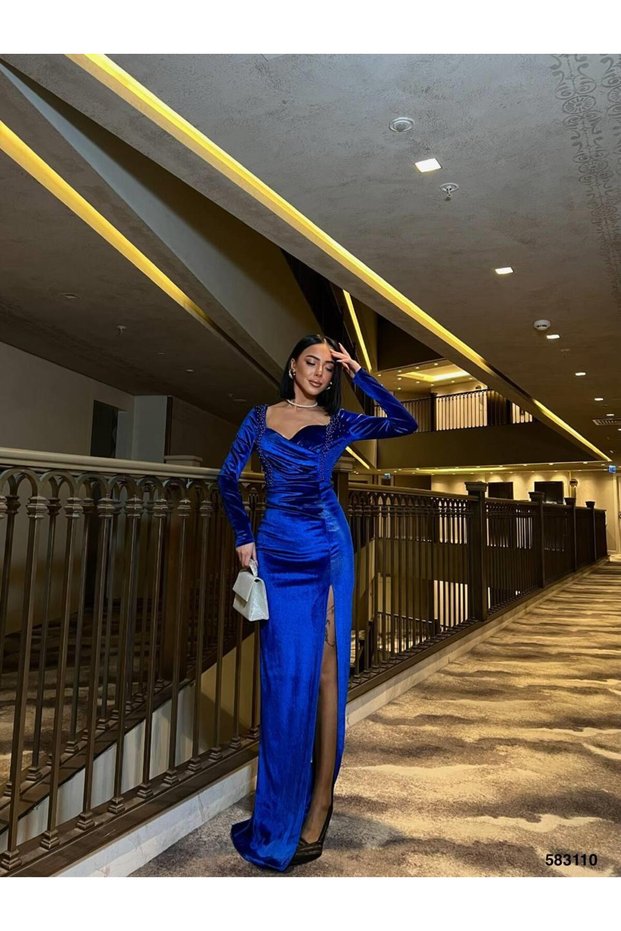 Stretch Fabric Velvet Front Pleated Shoulder Side Pearl Detail Slit Evening Dress 583110 Cobalt Blue